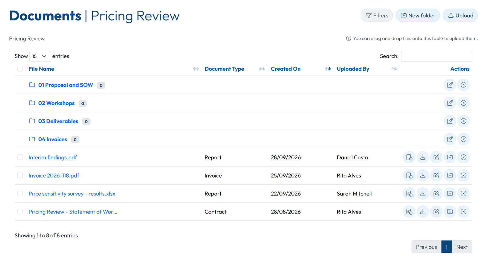 GoCons documents of the Pricing Review contract, with four folders and the signed statement of work PDF
