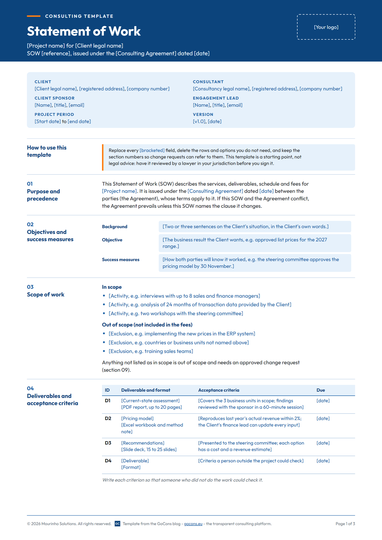 Page 1 of the free consulting statement of work template, with parties, objectives, scope and a deliverables table with acceptance criteria