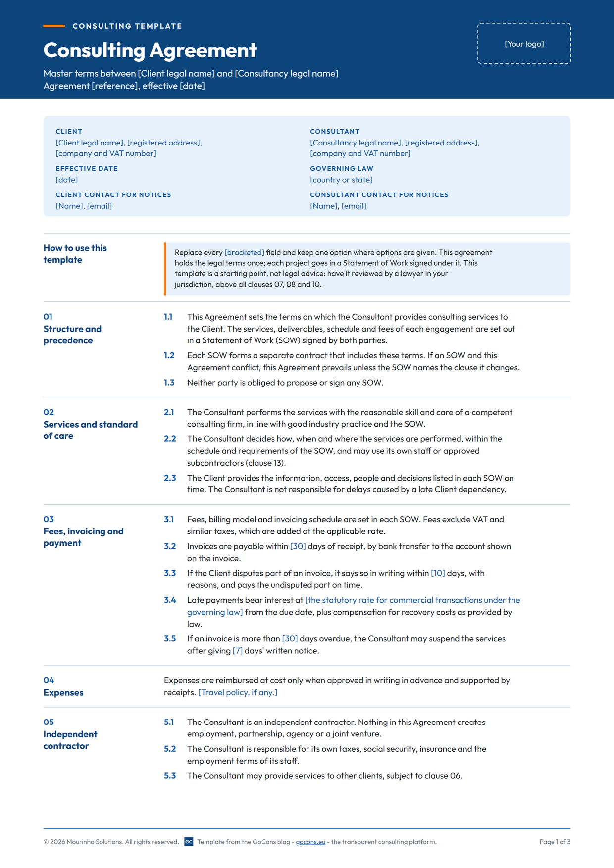 Page 1 of the free consulting agreement template, with parties, structure and precedence, standard of care, payment terms and independent contractor clauses