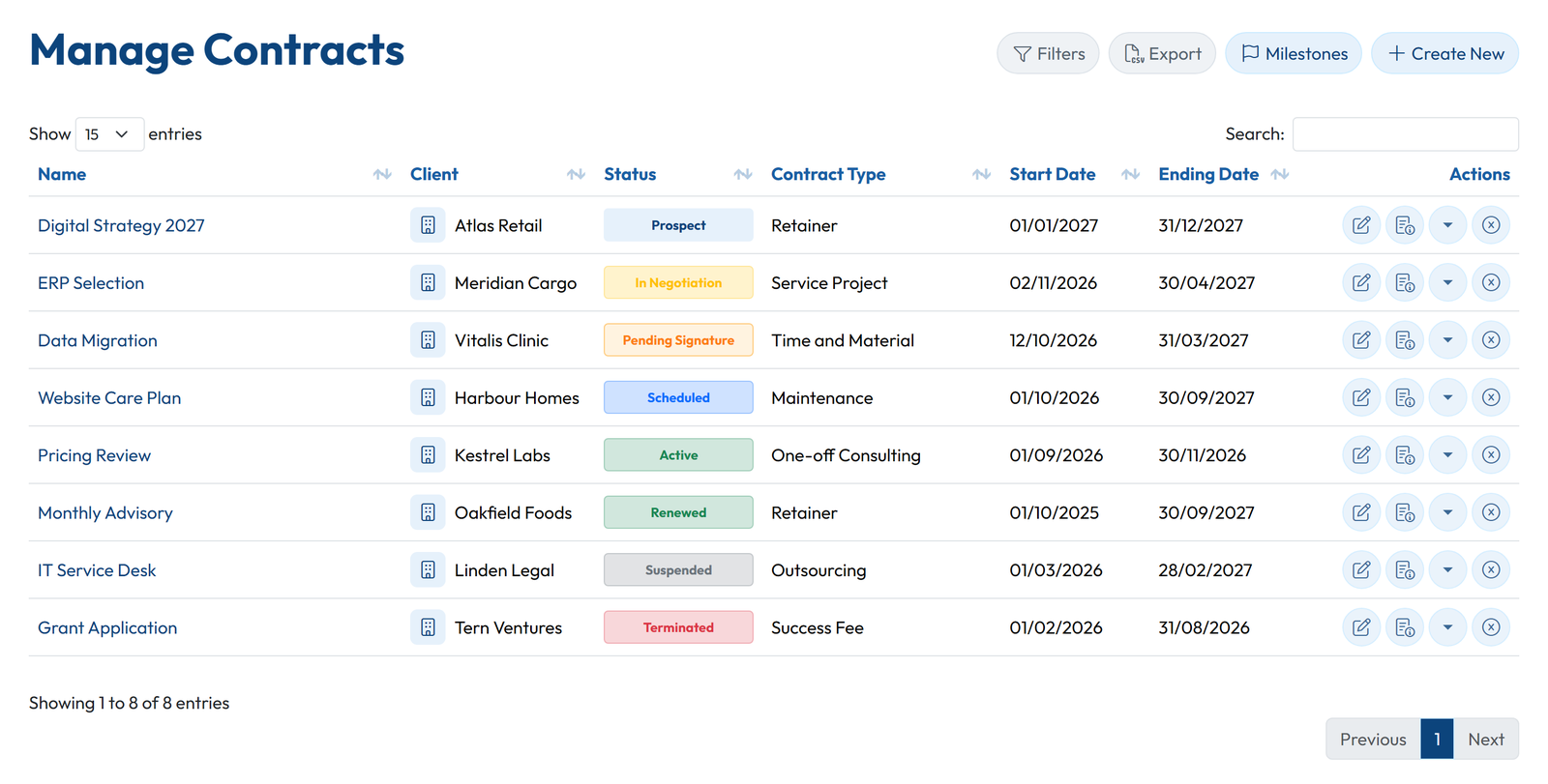 GoCons contracts list with eight sample contracts, each showing its contract type and lifecycle status