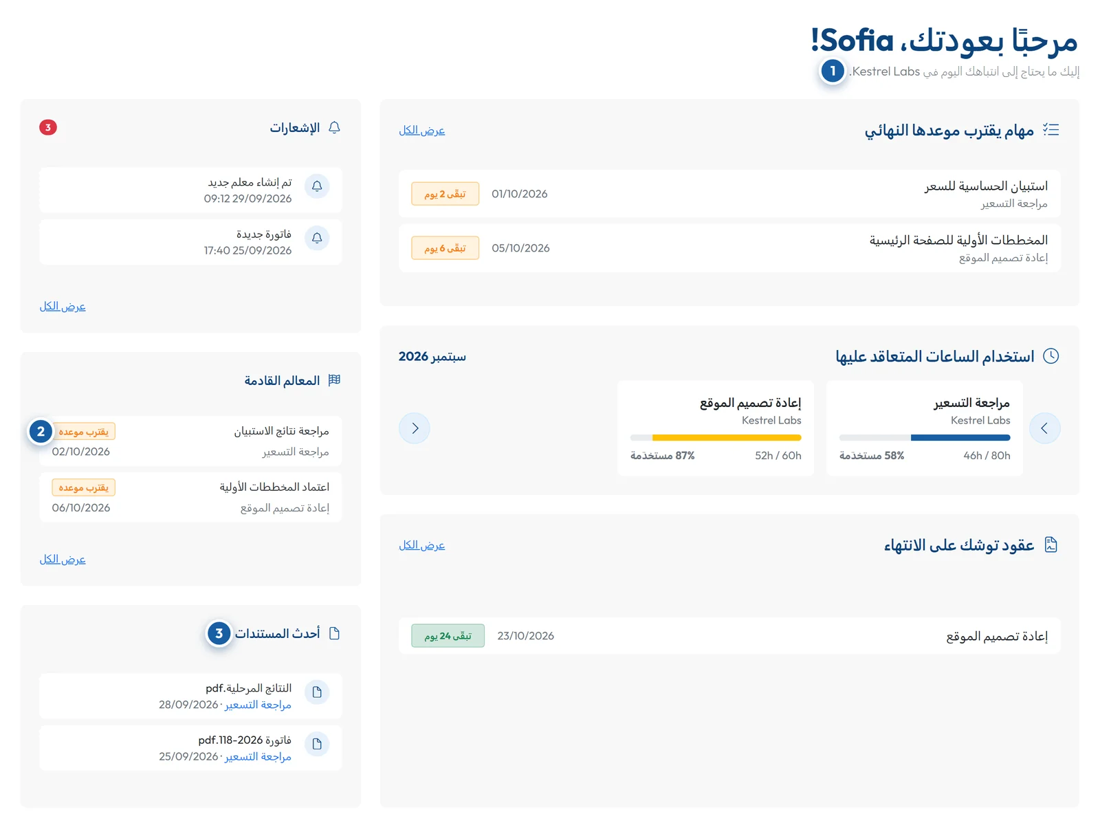 لوحة معلومات العميل في GoCons: مهام اقترب موعدها، والساعات المتعاقد عليها المستخدمة هذا الشهر، وعقد ينتهي قريبًا، والمعالم القادمة، وأحدث المستندات