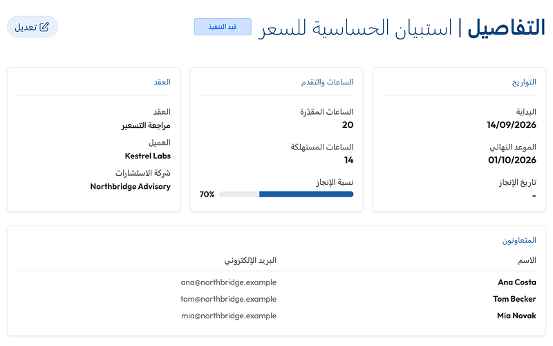 صفحة مهمة: الساعات المقدّرة والساعات المستهلكة ونسبة الإنجاز وأعضاء الفريق المعيّنون