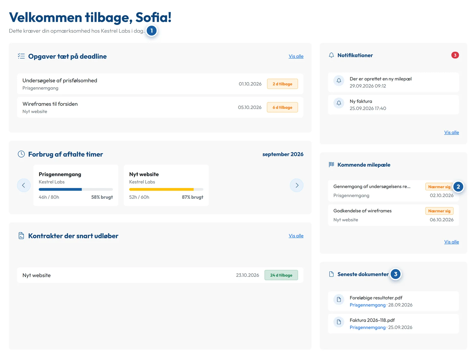 En kundes dashboard i GoCons: opgaver tæt på deadline, aftalte timer brugt denne måned, en kontrakt der snart udløber, kommende milepæle og seneste dokumenter