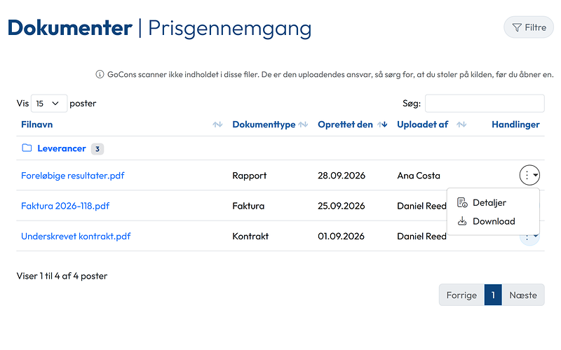 En kontrakts dokumenter, som kunden ser dem, med en fils menu åben på Detaljer og Download