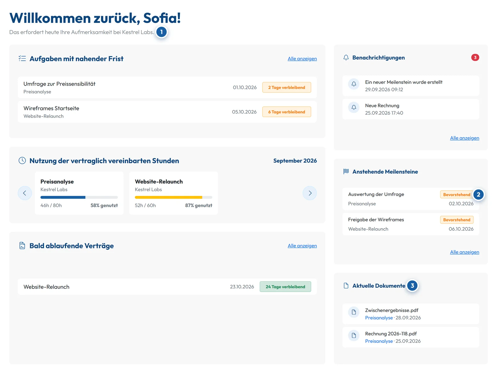 Das Dashboard eines Kunden in GoCons: Aufgaben kurz vor der Frist, in diesem Monat verbrauchte Vertragsstunden, ein bald endender Vertrag, anstehende Meilensteine und neue Dokumente