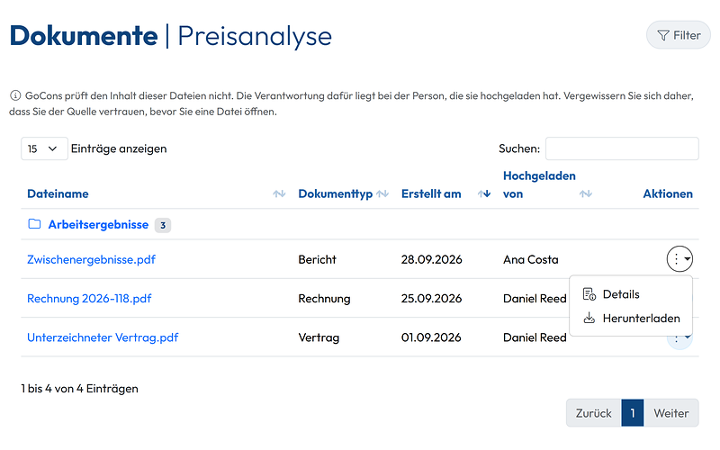 Die Dokumente eines Vertrags aus Sicht des Kunden, mit dem geöffneten Menü einer Datei: Details und Herunterladen