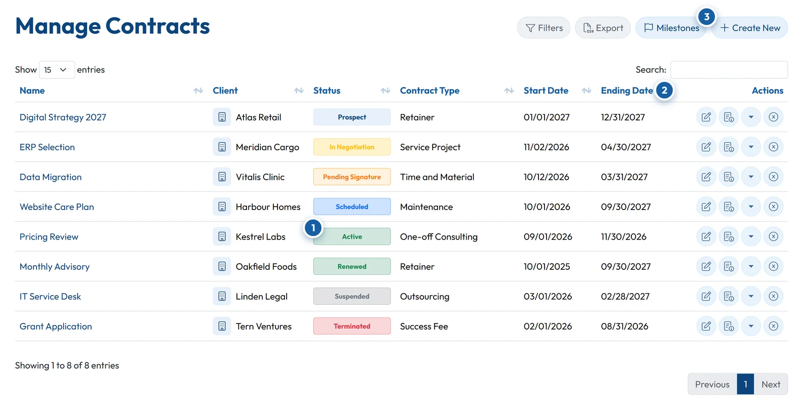 The contracts list in GoCons, with each contract's client, status, type and dates