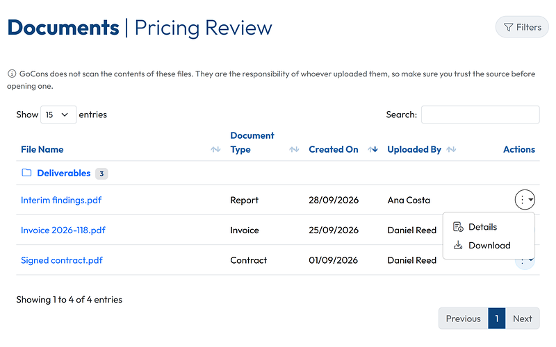 A contract's documents as the client sees them, with a file's menu open on Details and Download