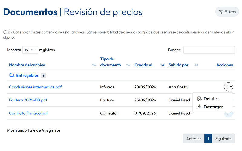 Los documentos de un contrato tal como los ve el cliente, con el menú de un archivo abierto en Detalles y Descargar