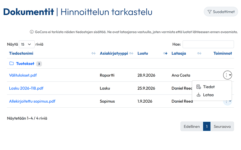 Sopimuksen dokumentit asiakkaan näkymässä, tiedoston valikko auki: Tiedot ja Lataa