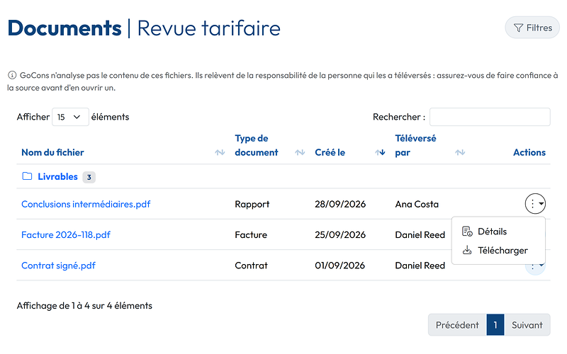 Les documents d'un contrat tels que le client les voit, avec le menu d'un fichier ouvert sur Détails et Télécharger