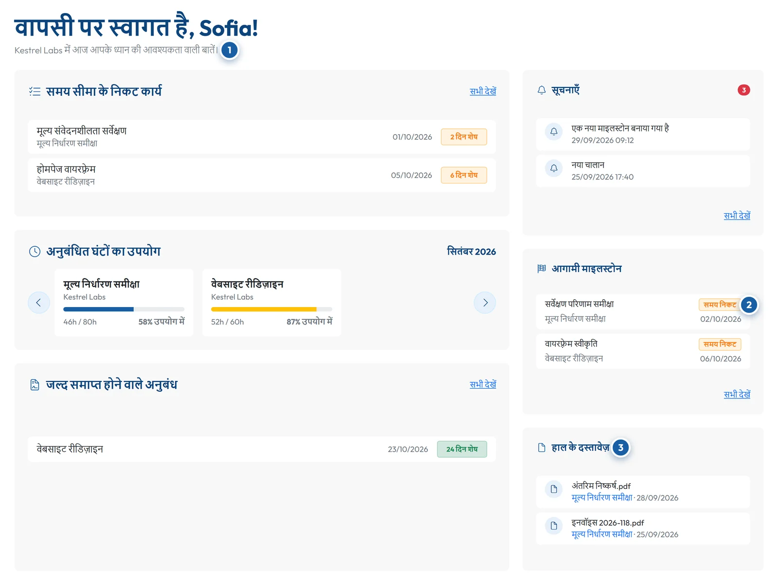 GoCons में ग्राहक का डैशबोर्ड: समय-सीमा के करीब कार्य, इस महीने उपयोग किए गए अनुबंधित घंटे, जल्द समाप्त होने वाला अनुबंध, आगामी माइलस्टोन और हाल के दस्तावेज़