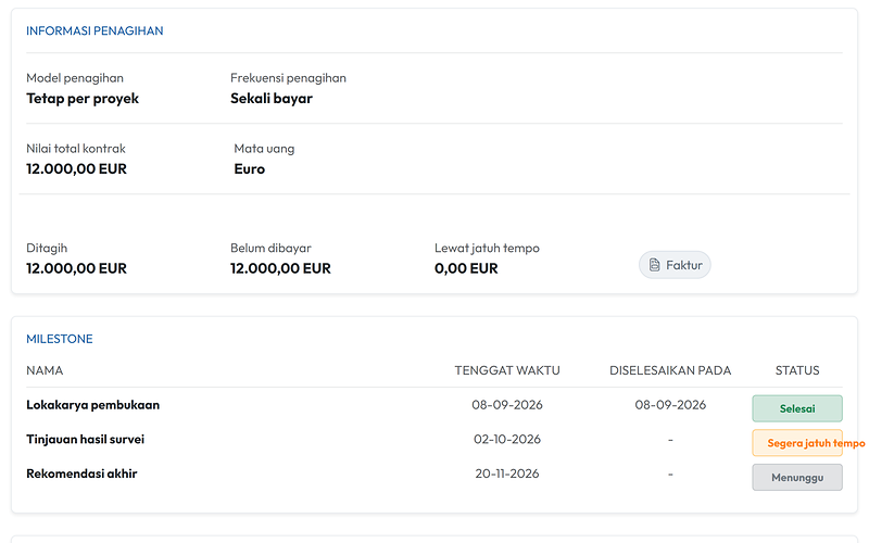 Kontrak seperti yang dilihat klien: jumlah yang ditagih, belum dibayar, dan jatuh tempo, serta milestone dengan statusnya