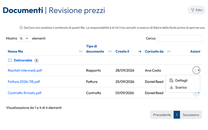 I documenti di un contratto come li vede il cliente, con il menu di un file aperto su Dettagli e Scarica