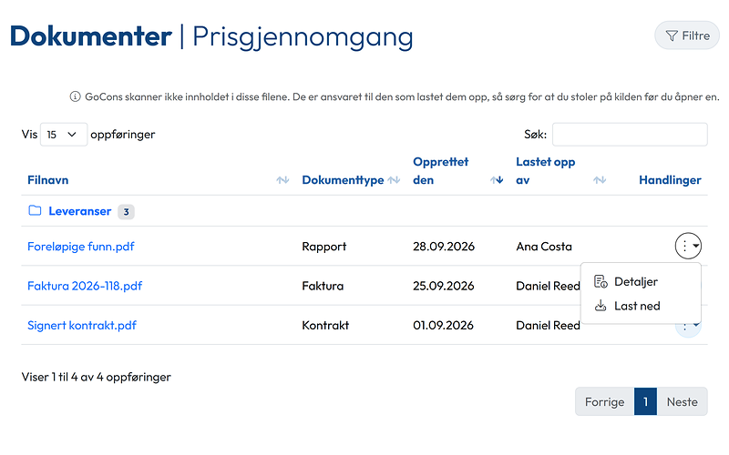 Dokumentene til en kontrakt slik kunden ser dem, med menyen for en fil åpen på Detaljer og Last ned