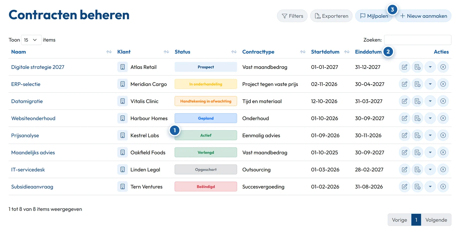 De contractenlijst in GoCons, met de klant, status, het type en de data van elk contract