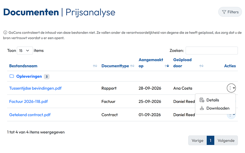 De documenten van een contract zoals de klant ze ziet, met het menu van een bestand open op Details en Downloaden