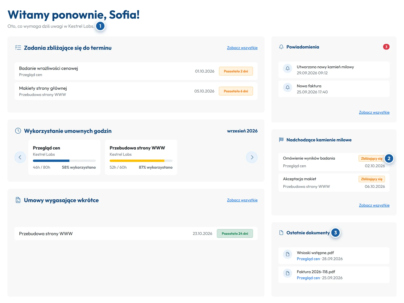 Panel klienta w GoCons: zadania z bliskim terminem, godziny z umowy wykorzystane w tym miesiącu, umowa, która wkrótce się kończy, nadchodzące kamienie milowe i najnowsze dokumenty