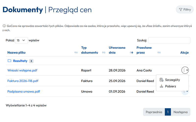 Dokumenty umowy widziane oczami klienta, z otwartym menu pliku: Szczegóły i Pobierz