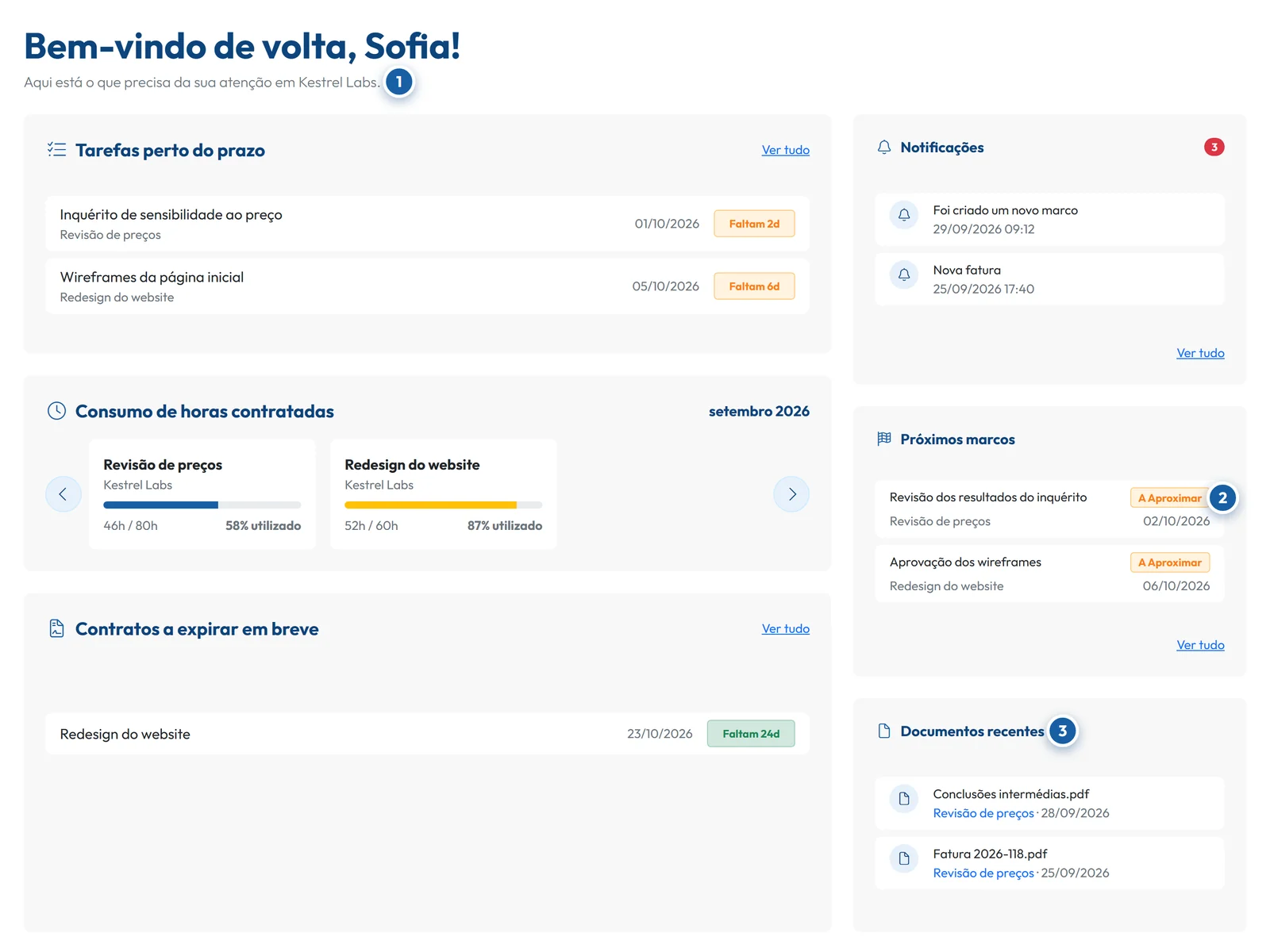 O painel de um cliente no GoCons: tarefas perto do prazo, horas contratadas usadas este mês, um contrato a terminar em breve, próximos marcos e documentos recentes