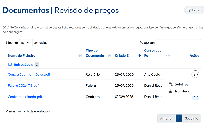 Os documentos de um contrato tal como o cliente os vê, com o menu de um ficheiro aberto em Detalhes e Transferir