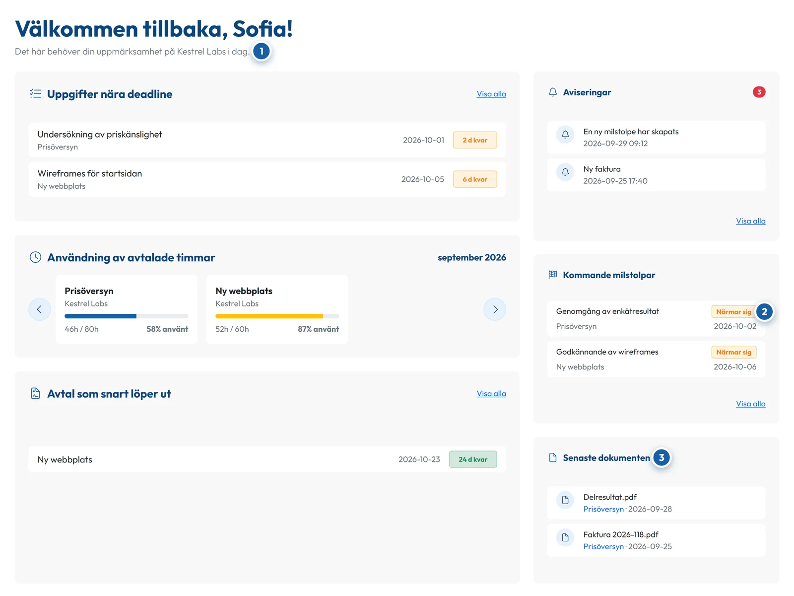 En kunds översikt i GoCons: uppgifter nära sin deadline, avtalade timmar som använts denna månad, ett avtal som snart löper ut, kommande milstolpar och senaste dokument