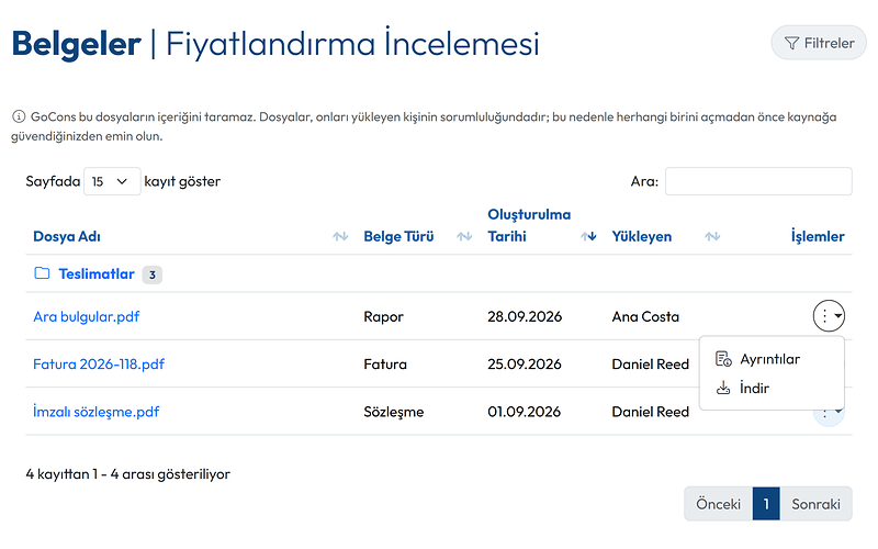 Müşterinin gördüğü haliyle bir sözleşmenin belgeleri; bir dosyanın menüsü açık: Ayrıntılar ve İndir